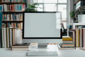 Computer Mockup Background on White Desk with Books Study Area Background photo