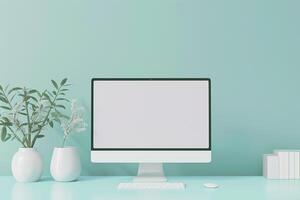 Light Pastel Background with Computer Monitor Mockup Screen photo