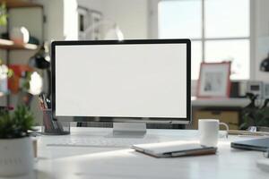 Desk with Computer Mockup Surrounded by Writing Materials photo