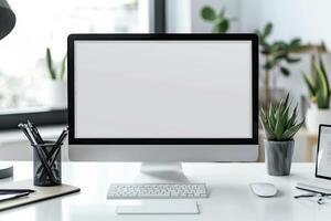 Computer Mockup with Writing Materials on a White Desk Setup photo