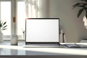 Laptop Mockup with Open Notebook on White Desk and  Writing Setup photo