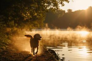 Dog Running Along Lakeside Path at Sunrise with Mist Rising from the Water photo