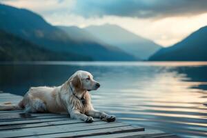 Dog Lounging on Dock by Tranquil Lake with Mountains in the Distance photo