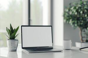 Laptop Mockup with Blank Notebook Open on White Desk photo