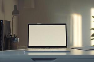Open Notebook and Laptop Mockup on White Desk for   Work and Writing Background photo