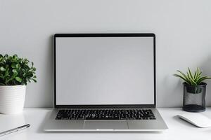 Laptop Mockup with White Desk and Open Notebook for   Writing Setup photo