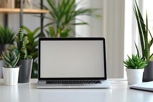 Laptop Mockup with Open Notebook on White Desk for   Work and Background photo
