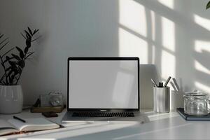 Open Notebook and Laptop Mockup on White Desk for   Work Background photo