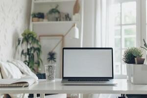 White Desk with Laptop Mockup and Open Notebook for   Writing Setup photo
