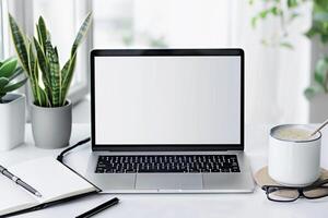 Setup with Laptop Mockup and Open Notebook on White Desk Background photo