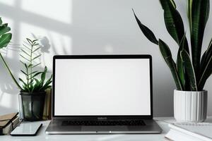 Laptop Mockup with White Desk and Open Notebook for   Work and Writing Background photo