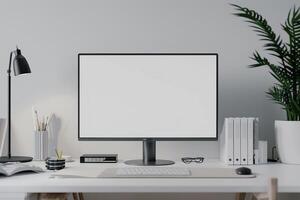 Computer Mockup Featuring Notebooks and Pens on White Desk for Writing and Editing photo