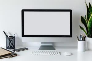 Computer Mockup with Notebooks and Pens on White Desk Ideal for Writing and Editing photo