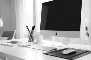 Computer Mockup Featuring Notebooks and Pens on White Desk for Writing and Editing photo