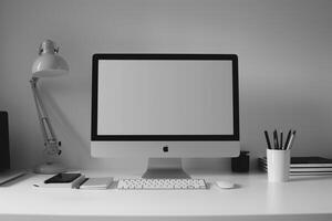 Computer Mockup Featuring Notebooks and Pens on White Desk for Writing and Editing photo