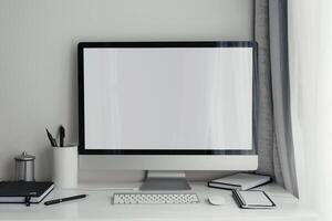 Computer Mockup on White Desk with Notebooks and Pens for Writing and Editing photo