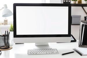 Computer Mockup with Notebooks and Pens on White Desk for Writing and Editing photo