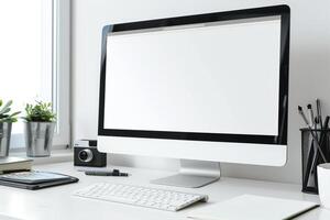 Computer Mockup on White Desk with Notebooks and Pens for Optimized Writing and Editing photo