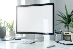 Computer Mockup with Notebooks and Pens on White Desk for Efficient Writing and Editing photo