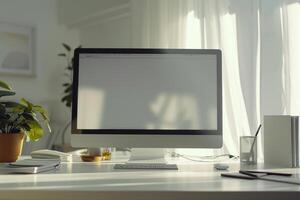Computer Mockup Featuring Notebooks and Pens on White Desk for Effective Editing and Writing photo