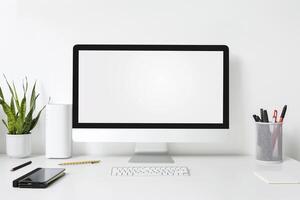 White Desk Computer Mockup with Notebooks and Pens for Productive Writing and Editing photo