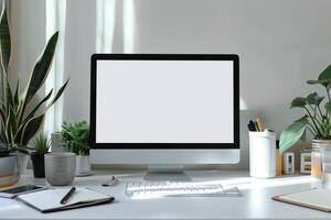 Computer Mockup with Notebooks and Pens on White Desk for ed Writing and Editing photo
