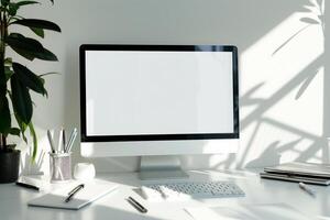 White Desk Computer Mockup with Notebooks and Pens for Effective Writing and Editing photo
