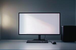 Desktop computer mockup with a   white top in a professional setup photo