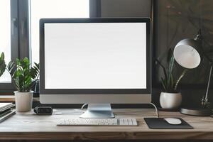 Desktop computer mockup with a   white top in a   workspace photo