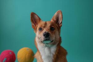 Dog Engaging with a Mint Toy in a Fun and Playful Pose on a   Background photo