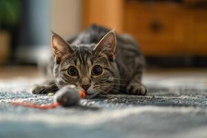 Gray tabby cat crouched and poised to leap onto a toy mouse background photo