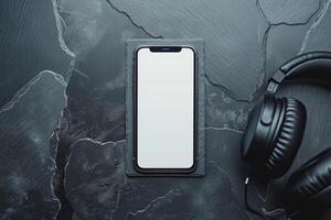 Mobile phone mockup screen with headphones on a deep slate background photo