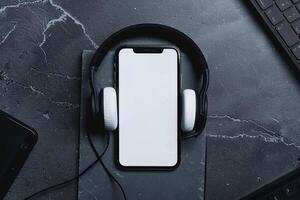 Mobile phone mockup screen and headphones on a smooth slate background photo