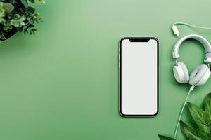 Mobile Phone Mockup with Screen and Headphones on Chic Background photo