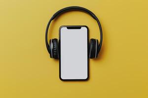Mobile Device Mockup Screen and Headphones on Lemon Background photo