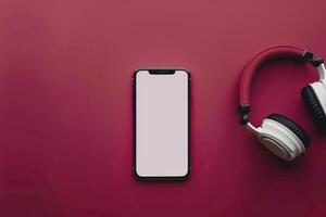 Mobile phone mockup screen and headphones on desk surface photo