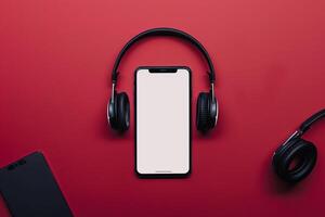 Mobile phone and headphones mockup with screen on office desk photo