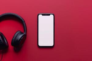 Stylish Mobile Phone Mockup with Headphones Setup photo