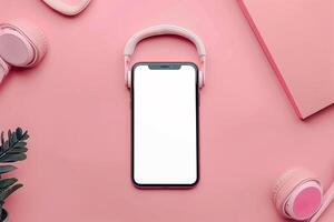 Mobile Device Mockup with Headphones in Remote Workspace Background photo
