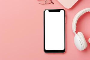 Mobile Device Mockup with Headphones in Tech Environment Background photo