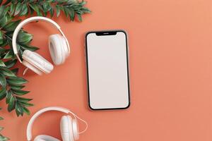 Mobile Device Mockup with Headphones in Digital Workspace Background photo