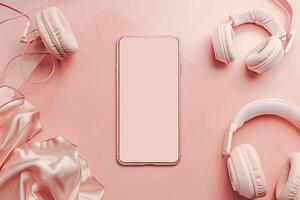 Mobile Device Mockup with Headphones in Home Office Environment Background photo