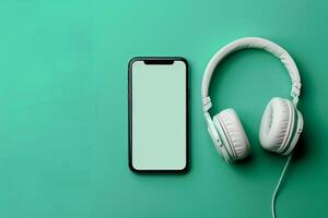 Mobile Device Mockup with Headphones in Study Tech Background photo