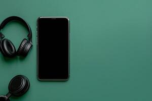 Mobile Device Mockup with Headphones in Tech Business   Background photo