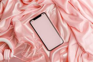 Mobile Device Mockup with Headphones in Professional Tech Background photo
