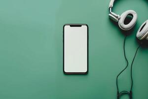 Mobile Device Mockup with Headphones in Tech Workspace Area Background photo