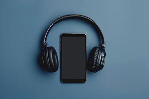 Mobile Device Mockup with Headphones in Workspace Tech   Background photo