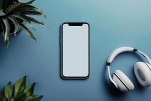 Mobile Device Mockup Screen with Headphones in Tech Office   Background photo