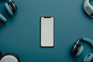 Mobile Device Mockup Screen with Headphones in Remote Tech   Background photo