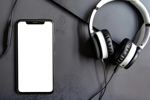 Mobile Device Mockup Screen with Headphones in Remote Tech Background photo